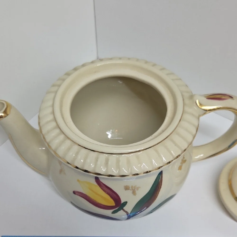 Floral Cream Teapot with Gold Accents